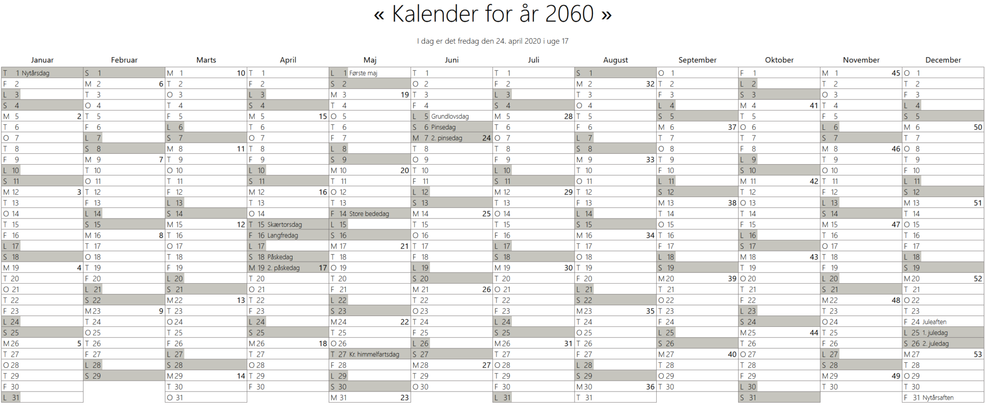 Kalender med ugenumre og helligdage – Morten Helmstedt